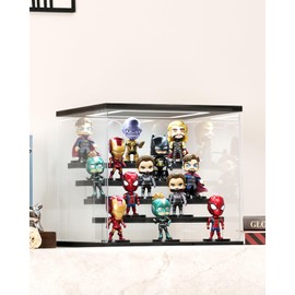 AZEYN Clear Acrylic Display Case with Light , 4 Tier Display Box Stand Assembly Dustproof Protection Showcase for Collectibles Action Figures (Black 12.6×12.2×11.8in; 32×31×30cm)