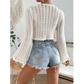 Floerns Women's Scallop Trim Trumpet Long Sleeve Tie Front Cardigan Crop Top Apricot M