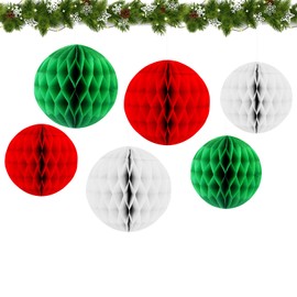 6pcs Christmas Decorations Hanging Paper Honeycomb Pom Poms for Xmas Tree Room Ceiling, Red Green White Paper Ball Ornaments Christmas New Years Eve Indoor Home Office Party Decorations Supplies