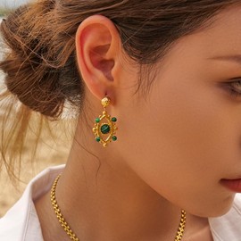 IBARA Dangle Earrings for Women Gold Evil Eye Earrings Drop Turquoise Tiger Eye Pearl Earrings 18K Gold Plated Filled Boho Beach Delicate Simple Hypoallergenic Ear Evil Eye Jewelry Gift (Malachite B)