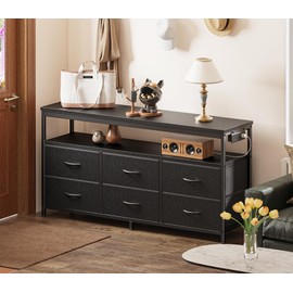 Huuger LED TV Stand for Bedroom, 47 Inch Dresser TV Stand for 43, 50, 55 Inch TV, Black TV Stand with Storage, Entertainment Center with Power Outlets, 6 Drawer Fabric Dresser for Living Room