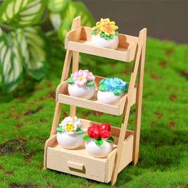 Quintrost Dollhouse Miniature Flower Stand Ornaments, 1:12 Mini Dollhouse Flower Shelf Set, Wooden Simulated Locker Mini DIY Furniture Model Fairy Garden Props Toy Accessories for Children