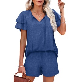 WIHOLL Two Piece Outfits for Women Summer Short Sleeve V-Neck Sweatsuit Casual Blue L