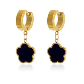 KOMI Dainty Small Huggie Hoop Earrings for Women with Hypoallergenic 18K Gold Plated Stainless Steel Lucky Black Flower Dangle Drop Earrings for Women