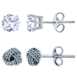 Sterling Silver Rhodium 4mm Round Cubic Zirconia Solitaire & Knot Stud Earring Set