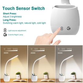 ERAY Kids Desk Lamp LED Study 2000mAh Rechargeable Desk Light with Pen Holder/ 8 Colors Night Light/ 3 Brightness Levels/Touch Control, Dimmable Table Lamp for Boys & Girls Eye-Caring Reading