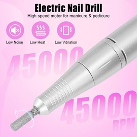 HZXINGWANG Professional 45000 RPM Portable Nail Drill & Electric Nail File for Acrylic Nails, Gel Polish Removal – Rechargeable with 6 Drill Bits Kit for Home & Salon Use (Pink)