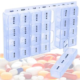 Weekly AM/PM Pill Box, Portable Travel Pill Organizer (7-Day 2/4-Times-A-Day) with Moisture-Proof Design and Large Compartments to Hold Vitamins, Supplements and Medication (4 Part)