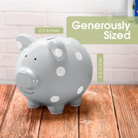 Pearhead Large Ceramic Piggy Bank, Ideal for Boys and Girls, Kids Money and Coin Bank, Perfect Baby Boy Nursery Décor, Great Gift and Newborn Keepsake, Gray with White Polka Dots