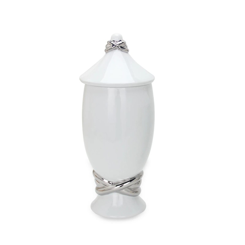 Homeroots 13" White and Silver Abstract Oval Ceramic Ginger Jar