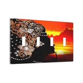 Black Girl African Women at Red Sunset Quad Toggle Light Switch Covers Decorative 4 Gang Wall Plate Electrical Faceplate Switchplate for Country Bathroom Bedroom Decor