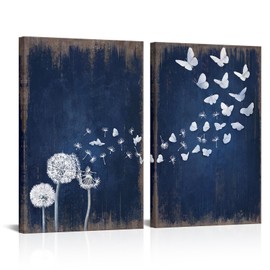 iHAPPYWALL 2 Pieces Rustic Navy Dandelion Butterfly Canvas Wall Art Wish Flowers Picture Artwork for Bathroom Bedroom Home Decor Ready to Hang 16x24inchx2pcs (Blue and White)