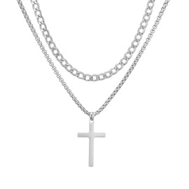AFSTALR Cross Chain Men's Cross Chain Stainless Steel Layered Cross Chain Cuban Chain with Cross Box Chain Necklace, Cross Jewellery Gifts Gold/Silver/Black for Men 18/20/22/24 Inches, Stainless Steel