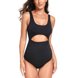 EastElegant Maternity Cutout One Piece Swimwear Ploka Dots Print Pregnancy Bathing Suit, Solid Black, X-Large