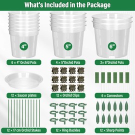 Tetutor 12 Pack Plastic Orchid Pots with Holes, 4, 5, 6 Inch Clear Orchid Pots for Repotting with Saucers Drainage and Plant Stakes, Large Small Breathable Orchids Planter Plant Pot