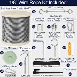 phepetroll 1/8" Wire Rope Kit 180FT Stainless Steel Aircraft Cable with M5 Turnbuckles, 7x7 Strand Core Vinyl Coated Guy Wire Tensioner Kit for Garden String Light, Pictuer, Clothes, Curtain Hanging