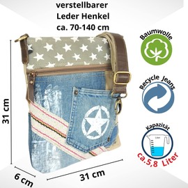 Sunsa Women's Shoulder Bag. Sustainable Bag Made from Recycled Jeans & Canvas. Vintage Style with Star Design Shoulder Bag. Small Crossover Bag, beige