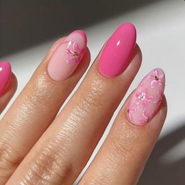 Pink Press on Nails Short Oval SWEKKE French Tip Fake Nails Flower False Nails with Pink Floral Designs Full Cover Glossy Glue on Nails Spring Summer Stick on Nails for Women Girls 24 Pcs