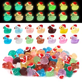CCINEE 70pcs Luminous Mini Christmas Resin Duck Miniature Duck Figures Glow in The Dark Xmas Hat Micro Fairy Ducks for Christmas Garden Landscape Aquarium Dollhouse Decoration Party Supplies