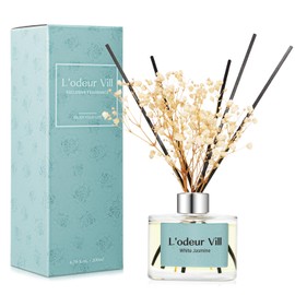 L'odeur Vill Reed Diffuser Set, 6.7 oz(200ml) White Jasmine Scented Diffuser with 6 Oil Diffuser Sticks, Home Fragrance Essential Oil Reed Diffuser for Home Large Rooms Bathroom Shelf Decor