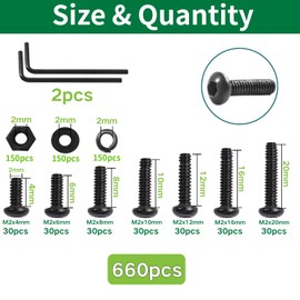 Zmbroll 660Pcs M2 Button Head Hex Socket Cap Screws Fully Threaded Metric Machine Screws M2x4/6/8/10/12/16/20mm Mini Screw 10.9 Grade Alloy Steel Black Oxide Bolts Nuts Washer Assortment Kit