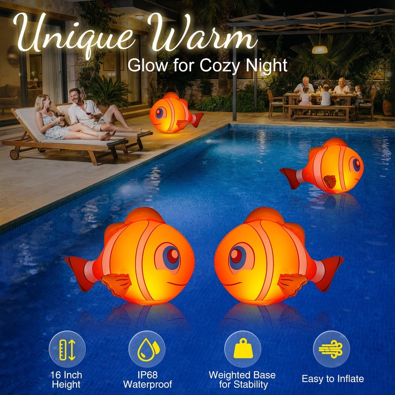 Cootway Floating Pool Lights Solar Powered, 16'' Inflatable Waterproof Clownfish
