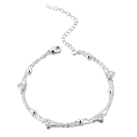 Silver Bracelet for Women, Hypoallergenic Silver Adjustable Layered Bracelet with Heart Charm CZ Stone Cubic Zirconia Layered Chains Heart Friendship Bracelets for Women Girls Ladies Jewelry Gifts