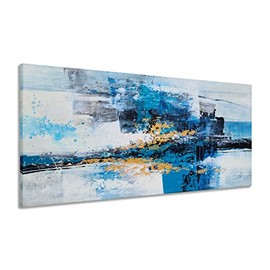 YHSKY ARTS Hand Crafted Abstract Canvas Wall Art - Modern Blue and Gold Oil Paintings - Contemporary Large Pictures for Living Room Bedroom Dinning Decor