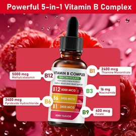 Nichalous Vitamin B12 Complex with B1, B6, Vitamin B12 Raspberry Liquid Supplement, Essential Vitamin 5-in-1 Vitamin B Complex Liquid Drops, Brain Function, Focus, and Natural Energy Support (2PCS)