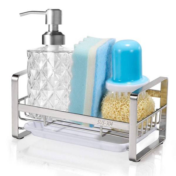 HULISEN Kitchen Sink Caddy, 304 Stainless Steel Sponge Holder for Sink Organiser, Dish Storage Accessories with Removable Drain Tray (not Including Dispenser and Cleaning Brush)