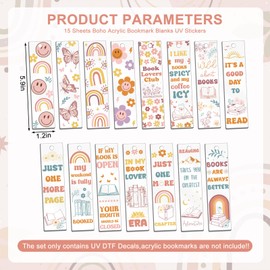 JarThenaAMCS 15 Sheets Boho Acrylic Bookmark Blank Stickers Smile Face Butterfly Flower Rub on Transfers Waterproof UV Transfer Decals for DIY Crafts Supplies