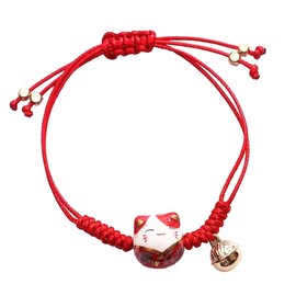 EatingBiting Feng Shui Lucky Red Ceramics Cat Bracelet Maneki Neko Fortune Wealth Bracelet for Fortune Rich Money Symbol for Purse Bag Bracelet Key Chain Cellphone