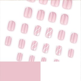White French Tip Press on Nails Short Square Silver Lines Fake Nails Pink Stick on Nails Reusable Glossy Acrylic False Nails Press ons Artificial Glue on Nails for Women 24 Pcs