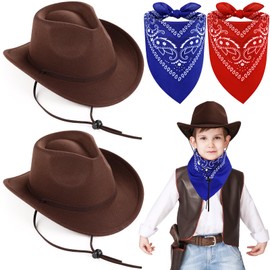 Xtinmee 4 Pcs Kids Cowboy Hat for Boys Toddler Girls Wool Toddler Cowgirl Hats Cotton Bandana for Kids Christmas Gifts
