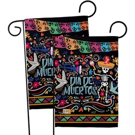 Angeleno Heritage Colorful Dia de Muertos Garden Flag 2pcs Pack Fall Day of Dead Los Fiesta Mexican Party Autumntime House Decoration Banner Small Yard Gift Double-Sided, Thick Fabric, Made in USA