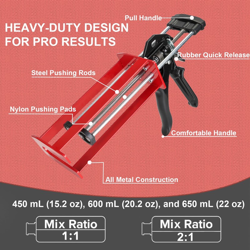 Epoxy Gun Dual Cartridge Applicator 450mL/600mL/650mL, Manual 1:1 & 2:1