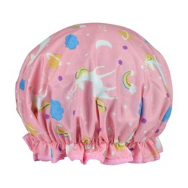 1 Pack Shower Cap for Women, Oil-proof Caps, Double Layers Waterproof Reusable Bath Caps With Ruffled Edge Covering for Girls, Women, Ladies, Kids (Pink Unicorn)