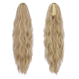 FESHFEN Wavy Ponytail Hairpiece with Clip, Cruly Long Braid Extensions, Claw Clip-In Wavy Ponytail Extension, Synthetic Hair Extension for Women, 63 cm, Dark Ash Blonde, Mixed Bleach Blonde