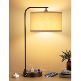 Brown Side Table Lamp with USB Port and Outlet, Dimmable Nightstand Bedside Lamps with Linen Lampshade, Desk Lamp for Bedroom, Living Room, Guest Room, Home Office, LED Bulb Included