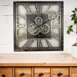 The Gears Clock 24'' Inch Square Real Moving Gear Wall Clock Vintage Industrial Oversized Rustic Farmhouse (Vintage Black)