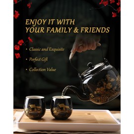 Dujust Japanese Tea Set, Black Porcelain Tea Set with 1 Teapot Set, 6 Tea Cups, 1 Tea Tray, 1 Stainless Infuser, Beautiful Asian Tea Sets for Adults, Tea Lover/Women/Men (Countryside in Golden)