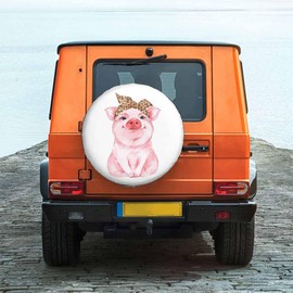 Pink Pig Spare Tire Cover for RV Trailer Funny Cute Little Pig Wearing Leopard Print Headscarf Wheel Protectors Weatherproof Polyester Tire Case for All Cars SUV Camper Travel 15 inch