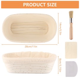 LOPYXBR Set of 2 Oval Proofing Baskets 28 cm for Bread Proofing Basket Rattan with Brush and Plastic Spatula for Bread Baking