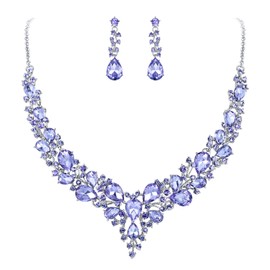 BriLove Women's Wedding Bridal Jewelry Set Austrian Crystal Teardrop Cluster Statement Necklace Dangle Earrings Light Purple Silver-Toned