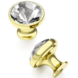 FURNIWARE Pack of 10 Furniture Knobs, Crystal, Cupboard Knobs, Gold, Kitchen Knobs, Diamond 34.2 mm, Modern Drawer Knobs, Brass, Knobs for Cabinets, Door Knobs, Zinc Alloy, Chest of Drawers, Round