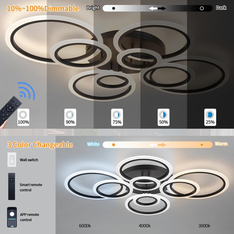 Shine LUEST Modern Ceiling Light, 41.3'' Dimmable LED Black Flush