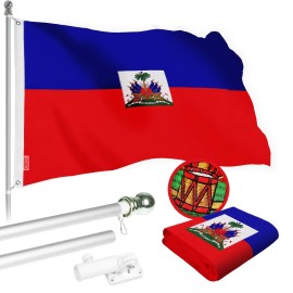 UD_G128 Combo Pack: 5 Ft Tangle Free Spinning Flagpole (Silver) & Haiti Flag 2x3 Ft Embroidered 220GSM Spun Polyester, Brass Gro