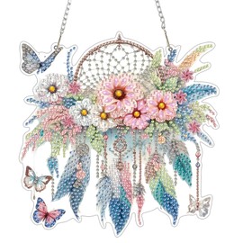 GHHKUD Dream Catcher Flowers Diamond Painting Window Pictures Double-Sided Diamond Painting Pendant with Chain, Diamond Painting Pictures Crystal Window Pictures, Wall Hanging Kits for Window Wall