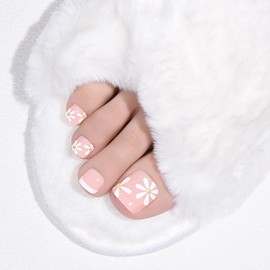 XZMeiLun Pink Press on Toenails Short Square, Acrylic White Flower Designs Toe Nails Press Ons Set, Artificial Perfectly Fit False Toenails for Women with Glue/Sticker On Toenails, Fake Toenail Kit