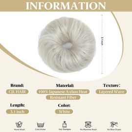 CJL HAIR 2PCs Small Cute Messy Bun Hair Piece for Thin Hair Women Girl Mini Synthetic Curly Bun Scrunchies Updo Hairpieces for Kids White